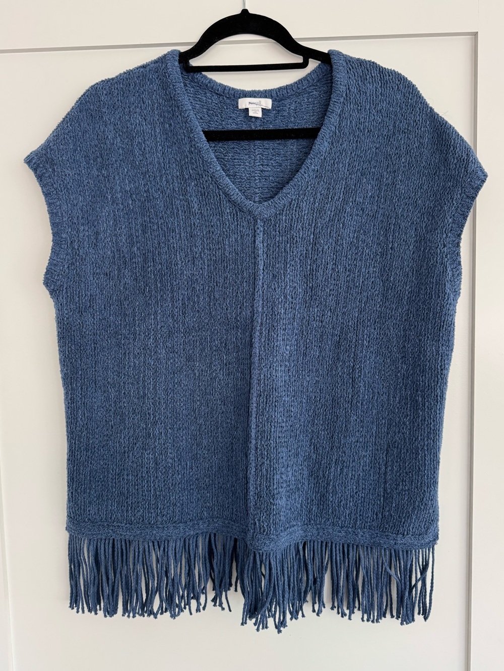 Pure Jill Fringe Knit Sweater Tank Top Blue V Neck Relaxed  J. Jill Boho Coastal